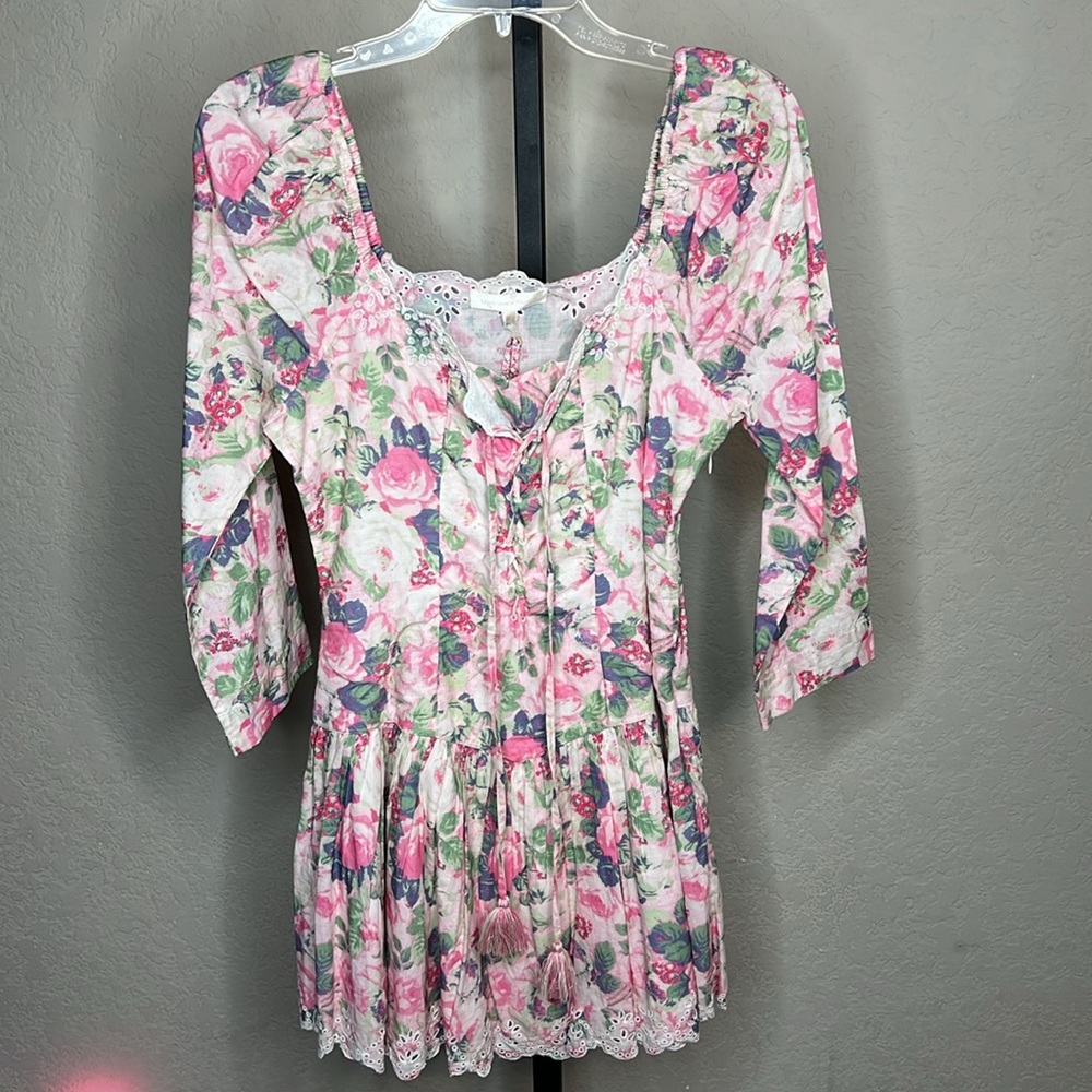 LoveShackFancy Floral Pink and White Mini Dress